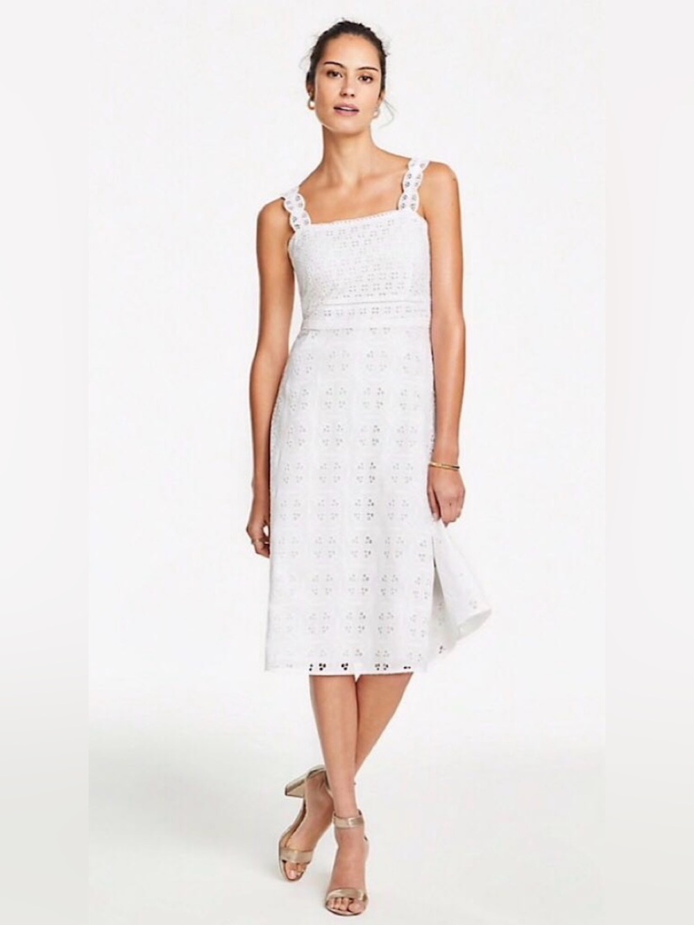 Ann Taylor White Cotton Eyelet Midi Dress with Scalloped Straps